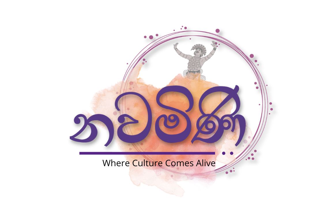 Nawamini logo: purple Sinhala lettering, a Kandyan dancer, a peach watercolour circle and the line Where Culture Comes Alive