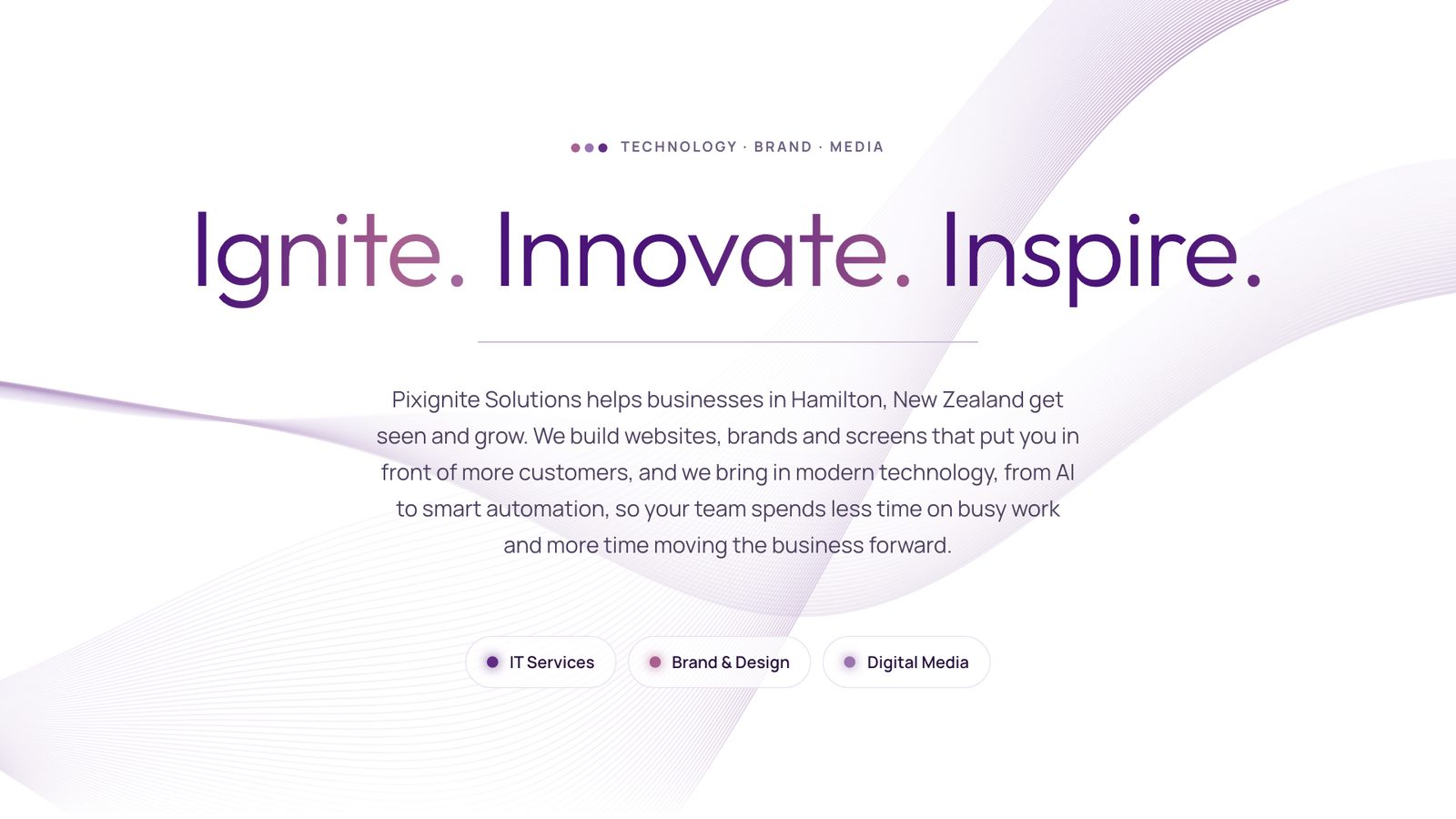 Pixignite Facebook cover: Ignite. Innovate. Inspire. over the silk-wave background, with the IT Services, Brand and Design and Digital Media chips