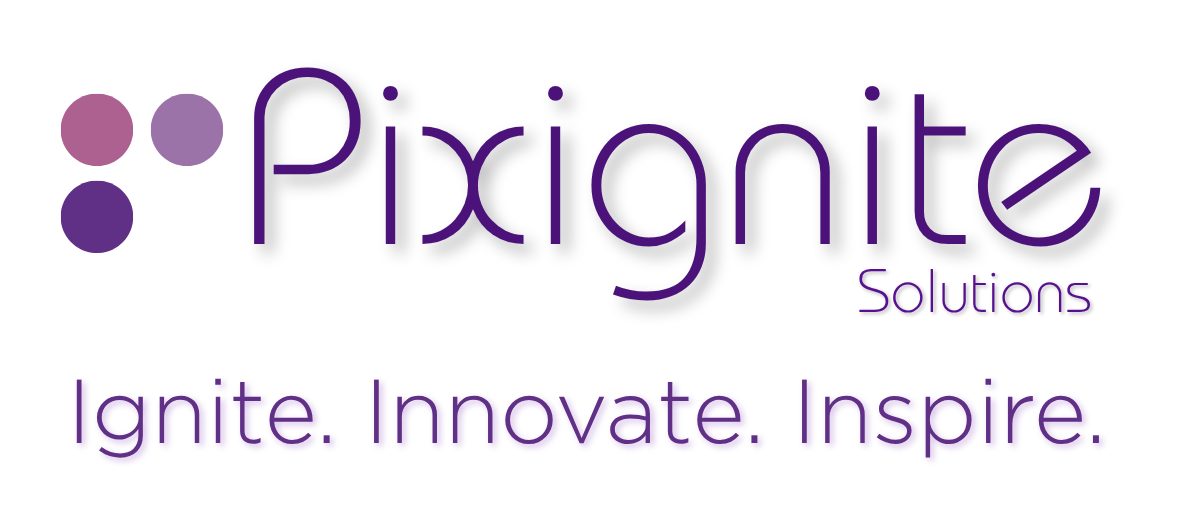 Pixignite Solutions logo: three dots in mauve, lavender and purple next to the word Pixignite, with Solutions underneath