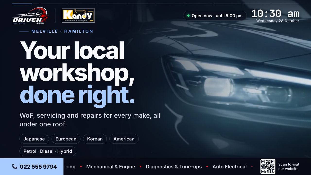 Driven Auto Works welcome slide: Your local workshop, done right, with the makes and fuel types they service