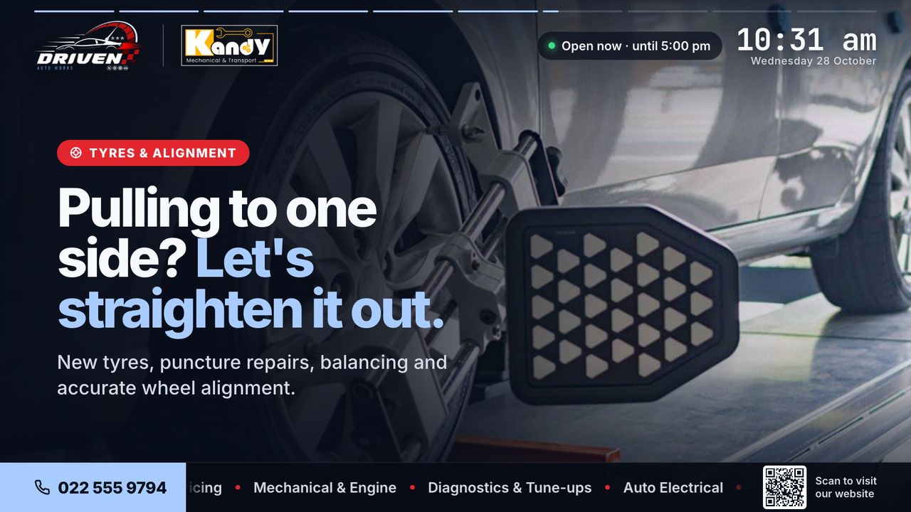 Driven Auto Works tyres and alignment slide: Pulling to one side? Let's straighten it out.