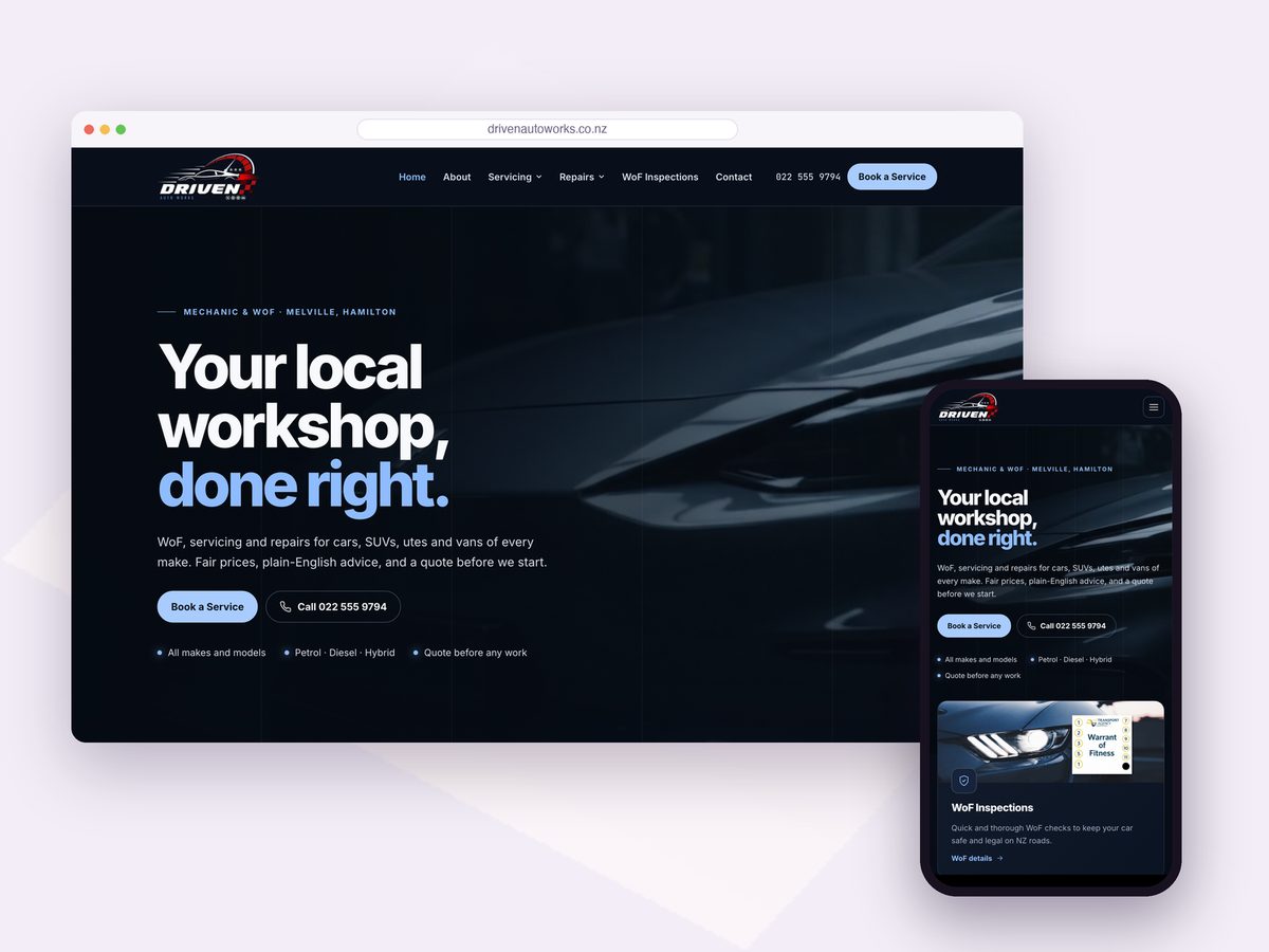 Driven Auto Works website on desktop and mobile: dark hero with the headline Your local workshop, done right.